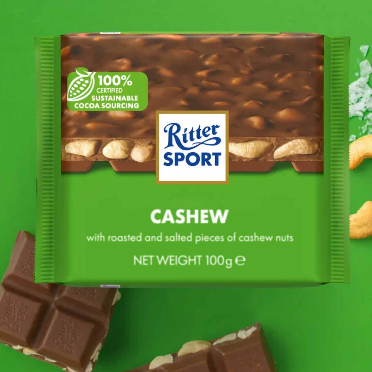 Молочний шоколад з смаженими підсоленими горішками кешью 100г ТМ Ritter Sport