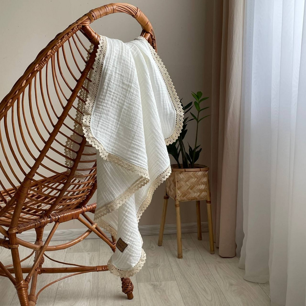 Плед Муслін Жатка Білий з мереживом Мальви бежеве