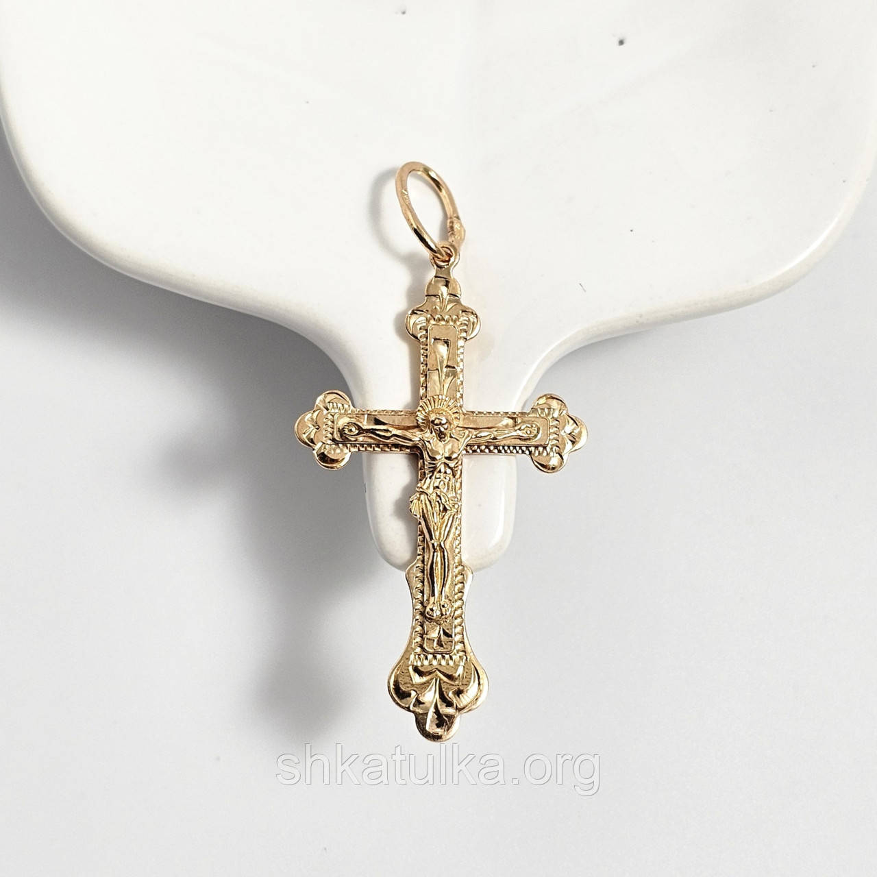 Хрестик позолочений з розп'яттям і словами Спаси і Збережи фігурний