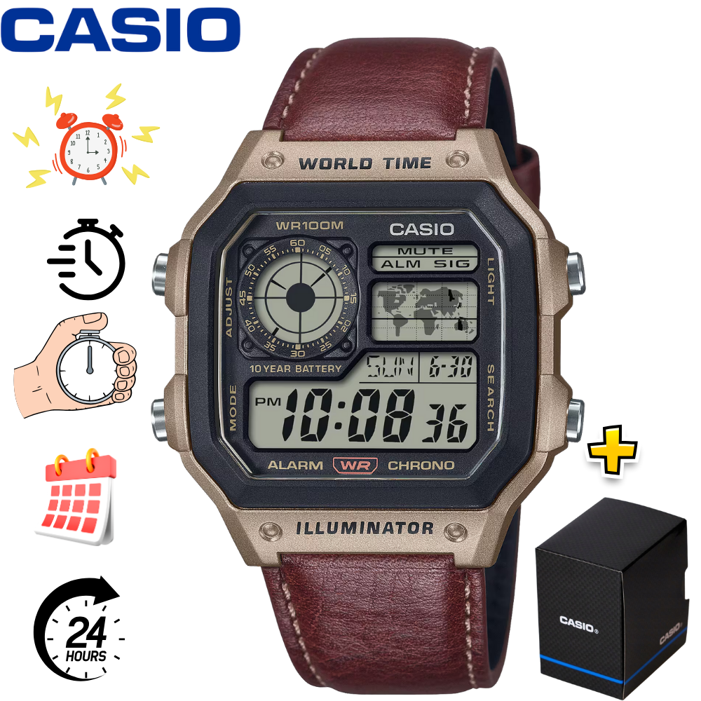 Чоловічий наручний годинник Casio AE-1200 з коричневим шкіряним ремінцем електронні з підсвічуванням будильник