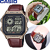 Чоловічий наручний годинник Casio AE-1200 з коричневим шкіряним ремінцем електронні з підсвічуванням будильник, фото 4