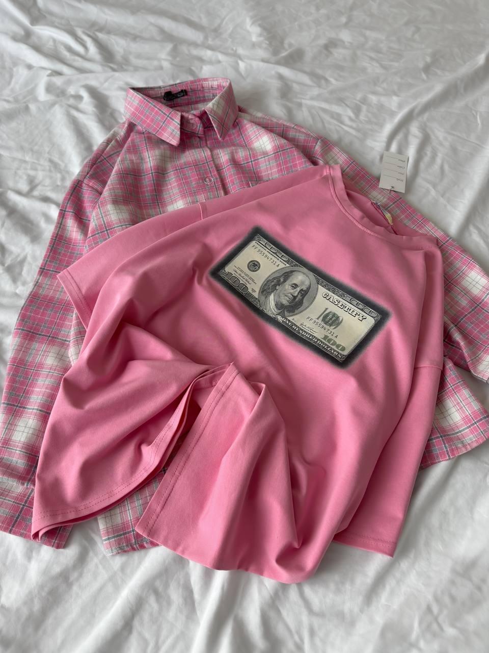 Базова літня жіноча трендова бавовняна MONEY вільна подовжена рожева футболка 42-46 Туреччина, фото 1