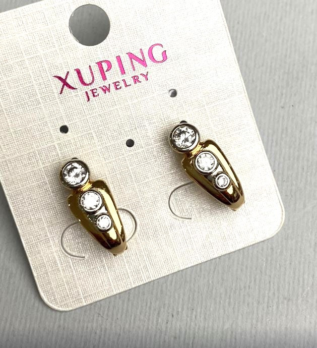 Сережки Xuping з білими кристалами 7х18мм+- позолота 18к