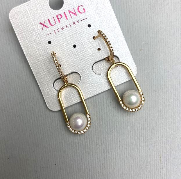 Сережки Xuping з білими стразами і перлиною d-8мм+- L-40мм+- Позолота 18К