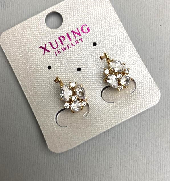 Сережки Xuping з білими кристалами 10мм+- L-17мм+- позолота 18к