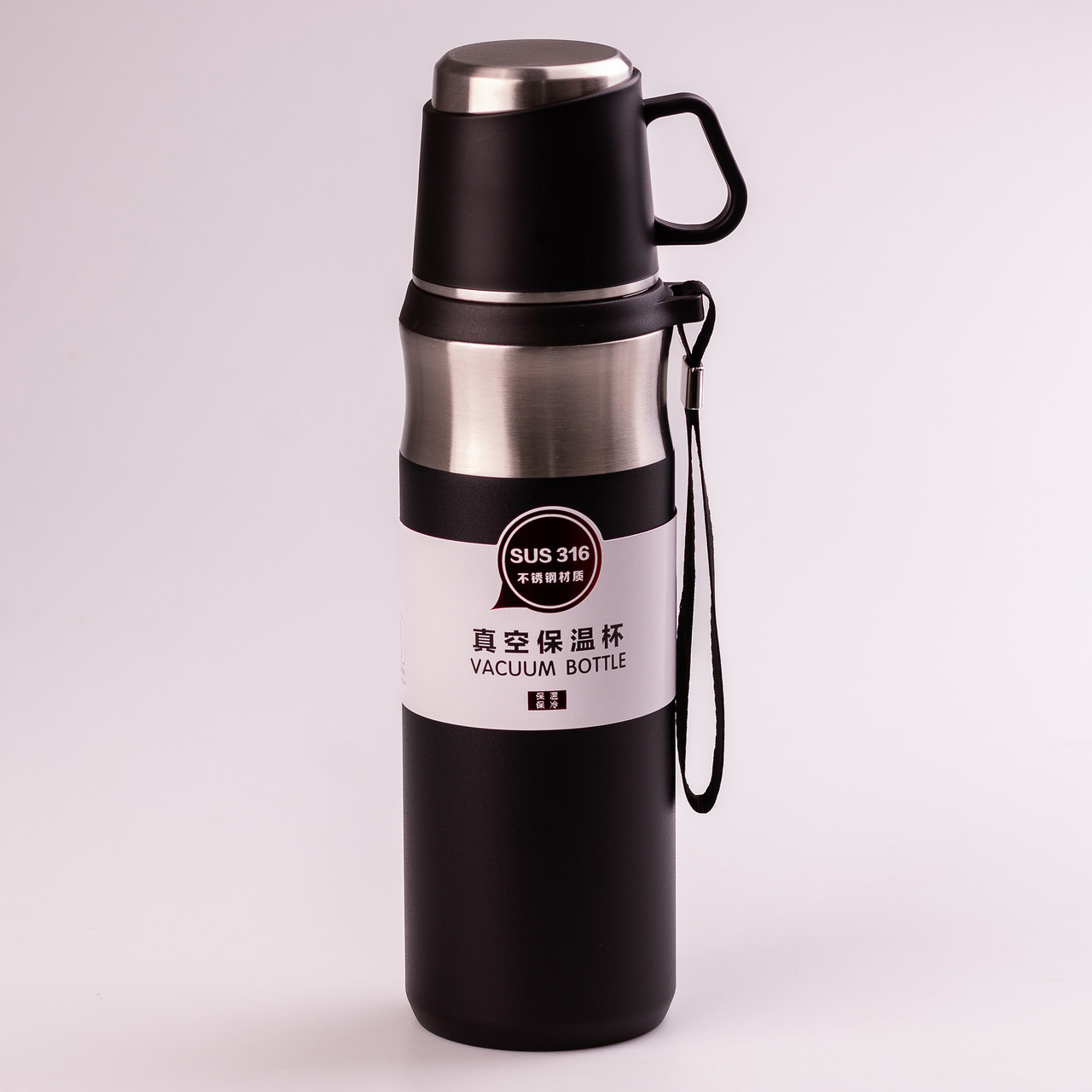 Термос з чашкою та ремінцем 600 мл з металевою колбою Чорний, фото 1