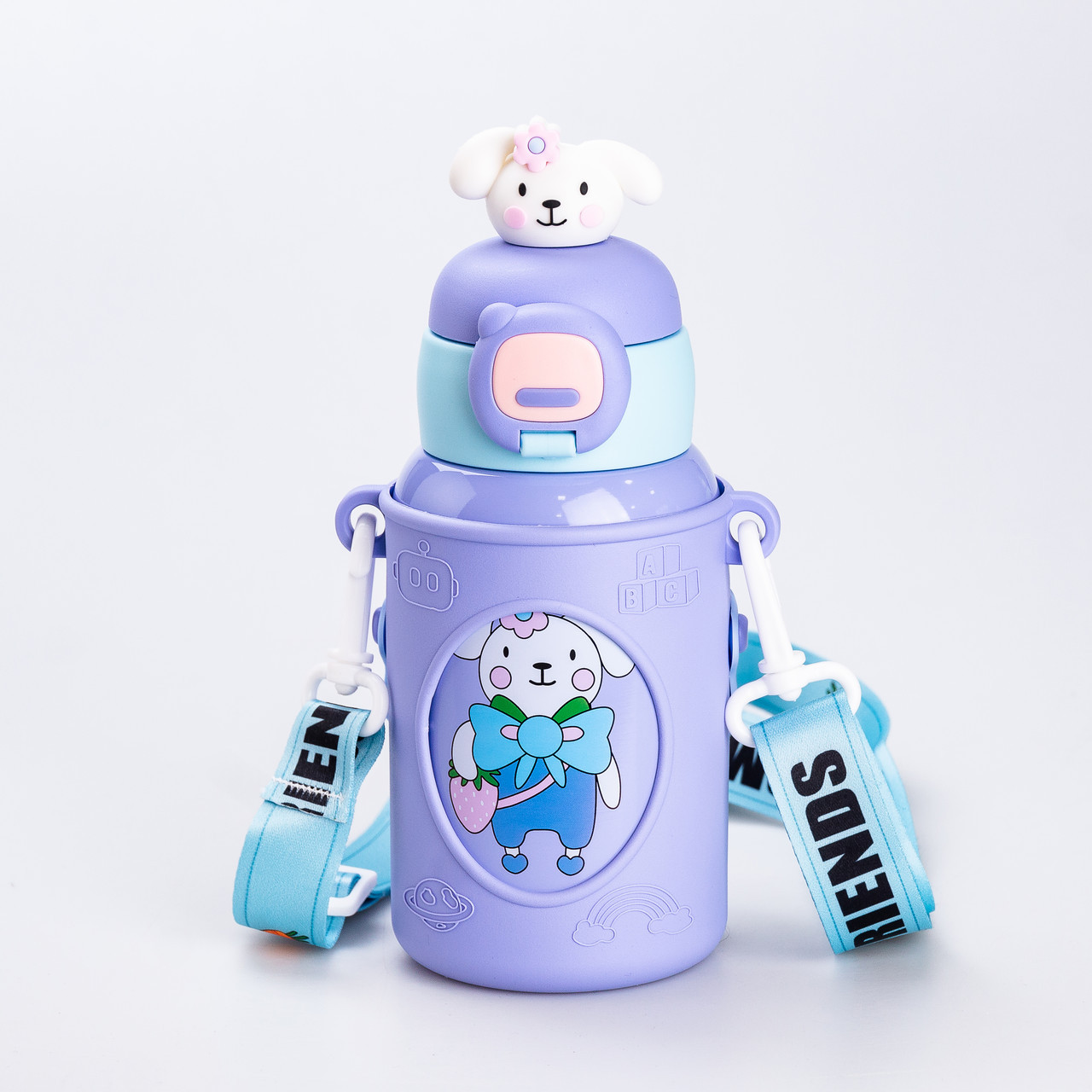 Термос поїльник з трубочкою з ремінцем та силіконовим чохлом дитячий 450 (мл) Фіолетовий, фото 1