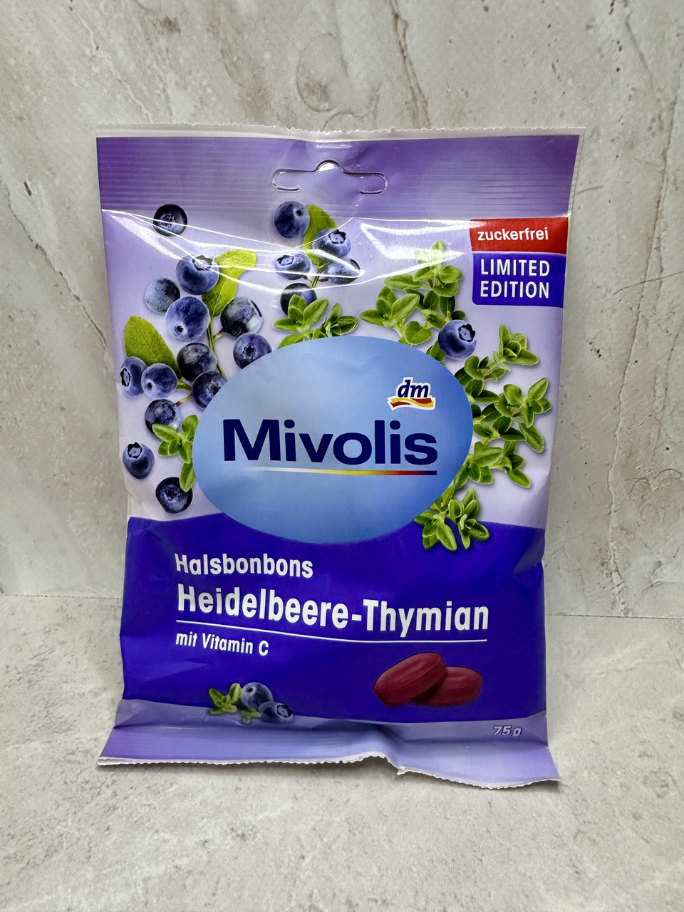Льодяники Mivolis Пастилки зі смаком чорниці та чебрецю без цукру Heidelbeere-Thymian, 75g