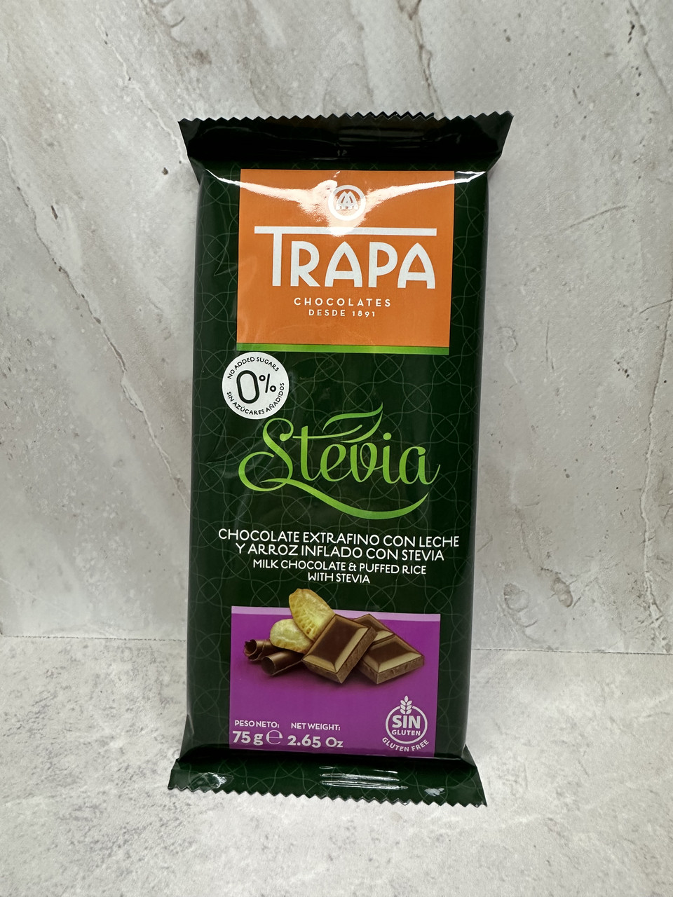 Молочний шоколад без цукру з рисовими кульками Trapa Stevia, 75г