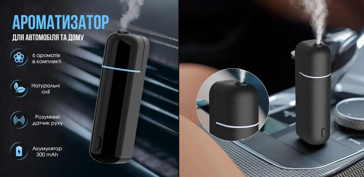 Автомобільний електронний дифузор Ultrasonic Car Aroma Diffuser Black та 6 ароматів, Аромадифузор для авто