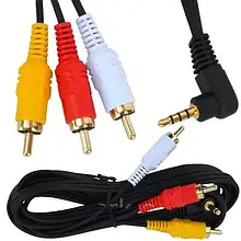 Шнур аудіовідео TCOM, штекер 3.5 мм 4C кутовий — 3 штекери RCA, Ø2.6х7.8 мм, 1.8 м, чорний