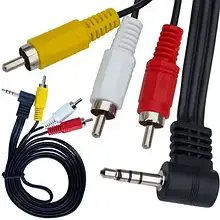 Шнур аудіовідео TCOM, штекер 3.5 мм 4C кутовий (подовжений) — 3 штекери RCA, 1.8 м, чорний в пакованні