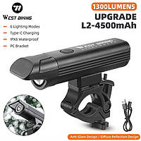 Потужний вело ліхтар WEST BIKING Upgrade (1300LM, 4500mAh, USB-C, L2 LED, 6 Mode, IPX6, Відмінне кріплення)