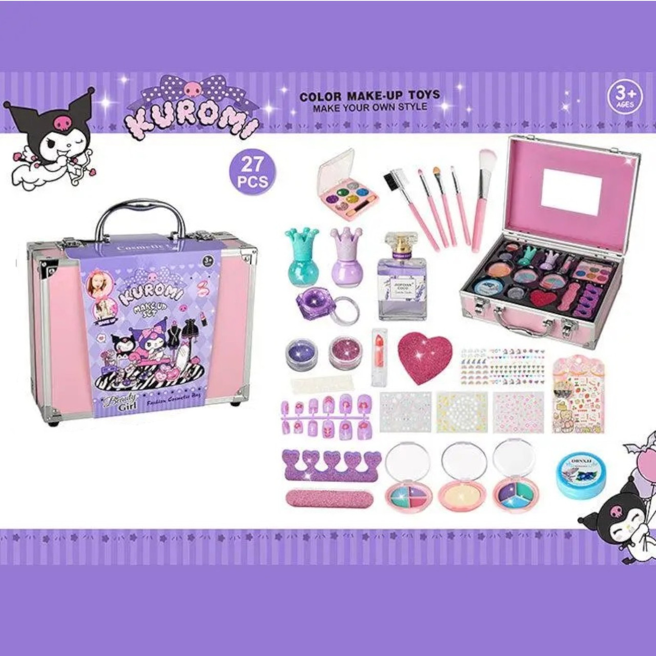 Набір косметики Kuromi (27 предметів, тіні, глітер, блискітки, лак, помада, блиск, пензлики, парфуми) 768-73 C