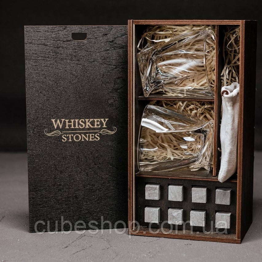 Набір для віскі Quadro №1 (2 склянки, 8 каменів для віскі, щипці)