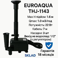⛲ Насос для Фонтану та Ставка Euroaqua THJ-1143 | 1.0 м³/год, H=1.6м | 3 насадки + Вихід на водоспад 1/2" 🌿