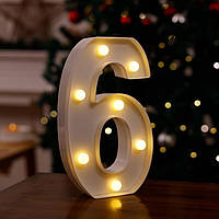 Об'ємна цифра 6 Led декоративна маленька 21 на 13 см білий