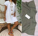 Жіноче плаття з v-вирізом міні льон 40 42 44 46 48 50 52 54 56 58 60 розмір, фото 4
