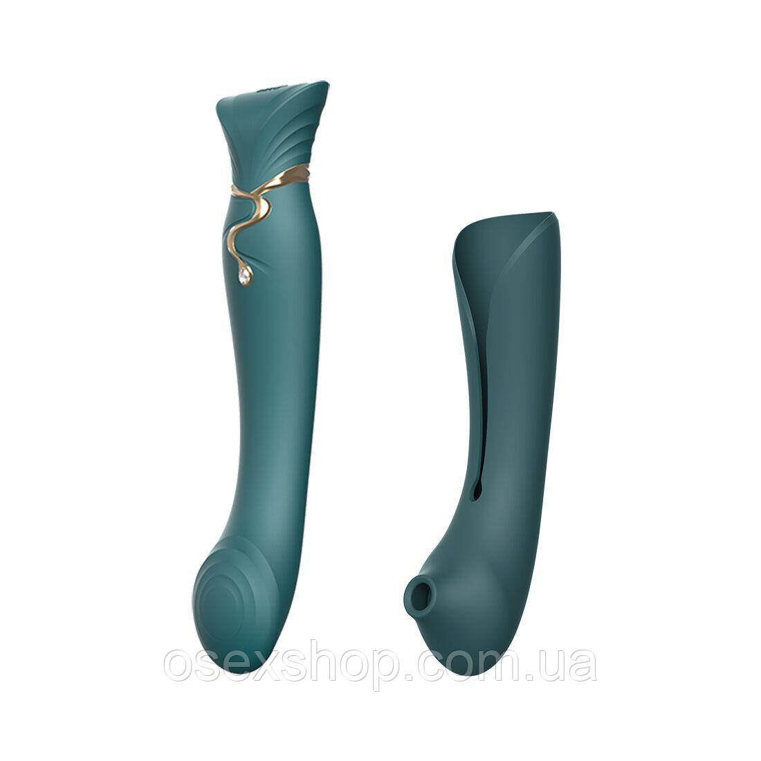 Смартвібратор 3в1 Zalo — Queen Set Jewel Green, пульсувальна перлина та вакуум, кристал Swarovski, фото 1