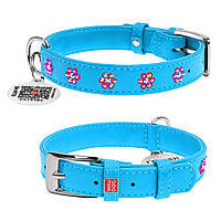 Ошейник для собак кожаный WAUDOG Glamour с QR паспортом, с клеевыми стразами "Цветочек", Ш 15 мм, Дл 27-36 см голубой