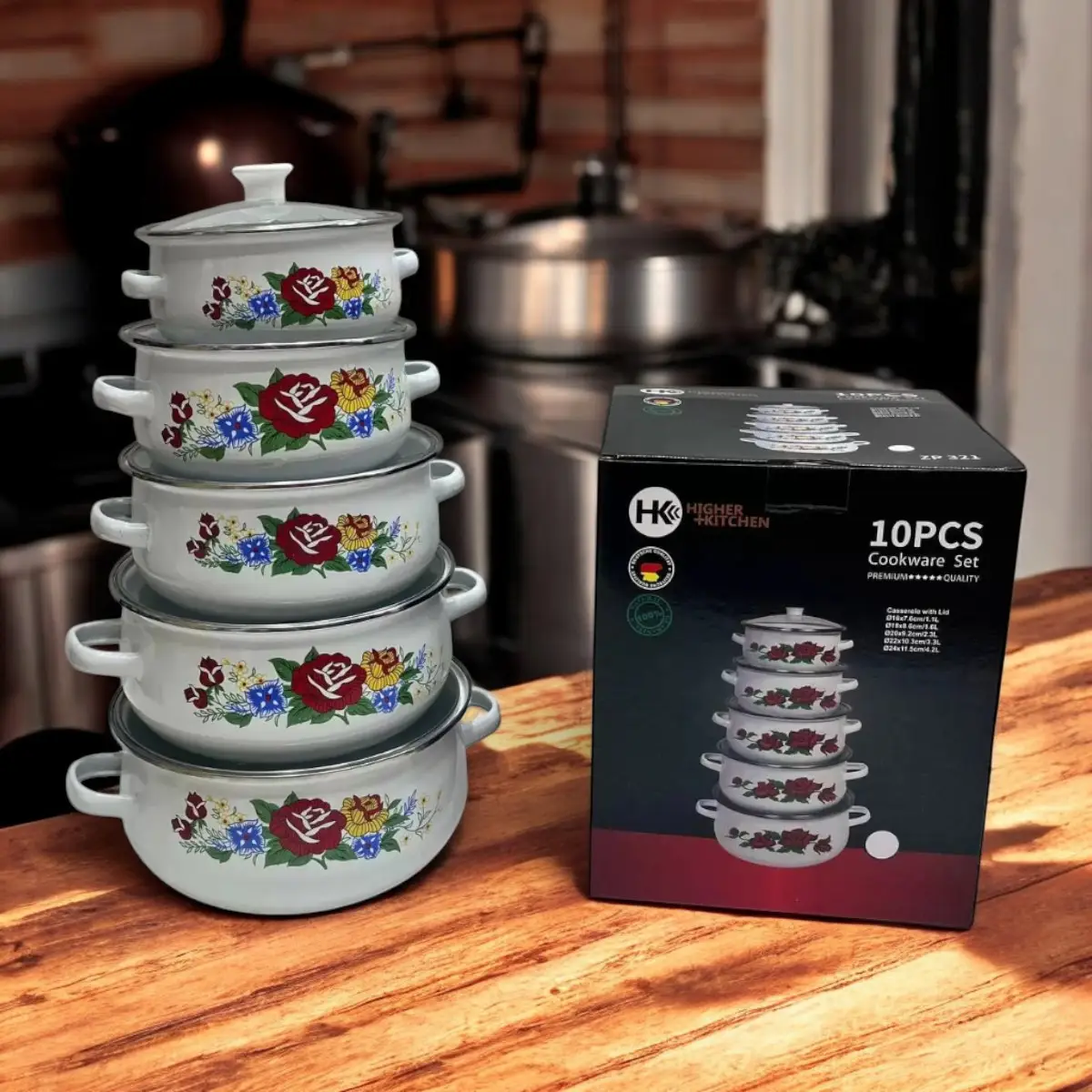 Емальовані каструлі Higher Kitchen 5 штук для всіх видів плит Якісний набір каструль з емалевим покриттям для кухні Набір каструль