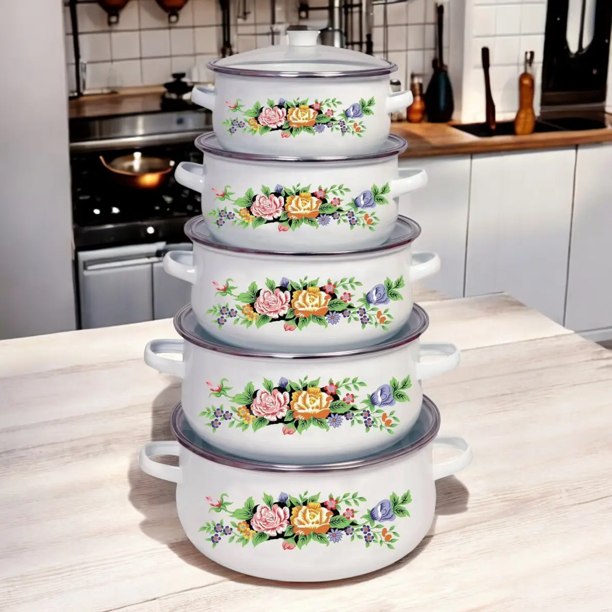 Емальовані каструлі Higher Kitchen 5 штук для всіх видів плит Якісний набір каструль з емалевим покриттям для кухні Набір каструль