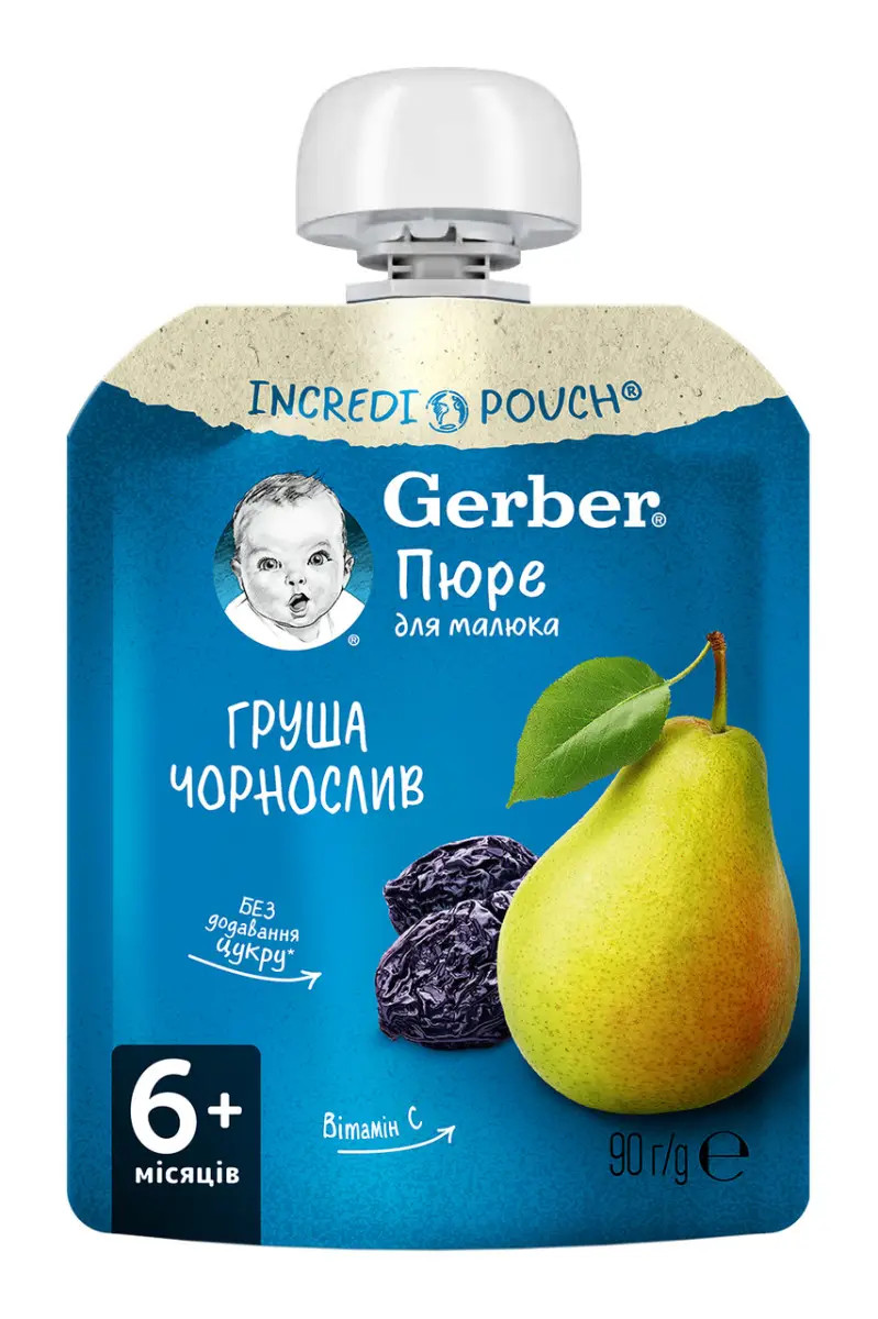 Пюре фруктове Gerber Груша-чернослив з 6 місяців,пауч 90г. (Гербер)