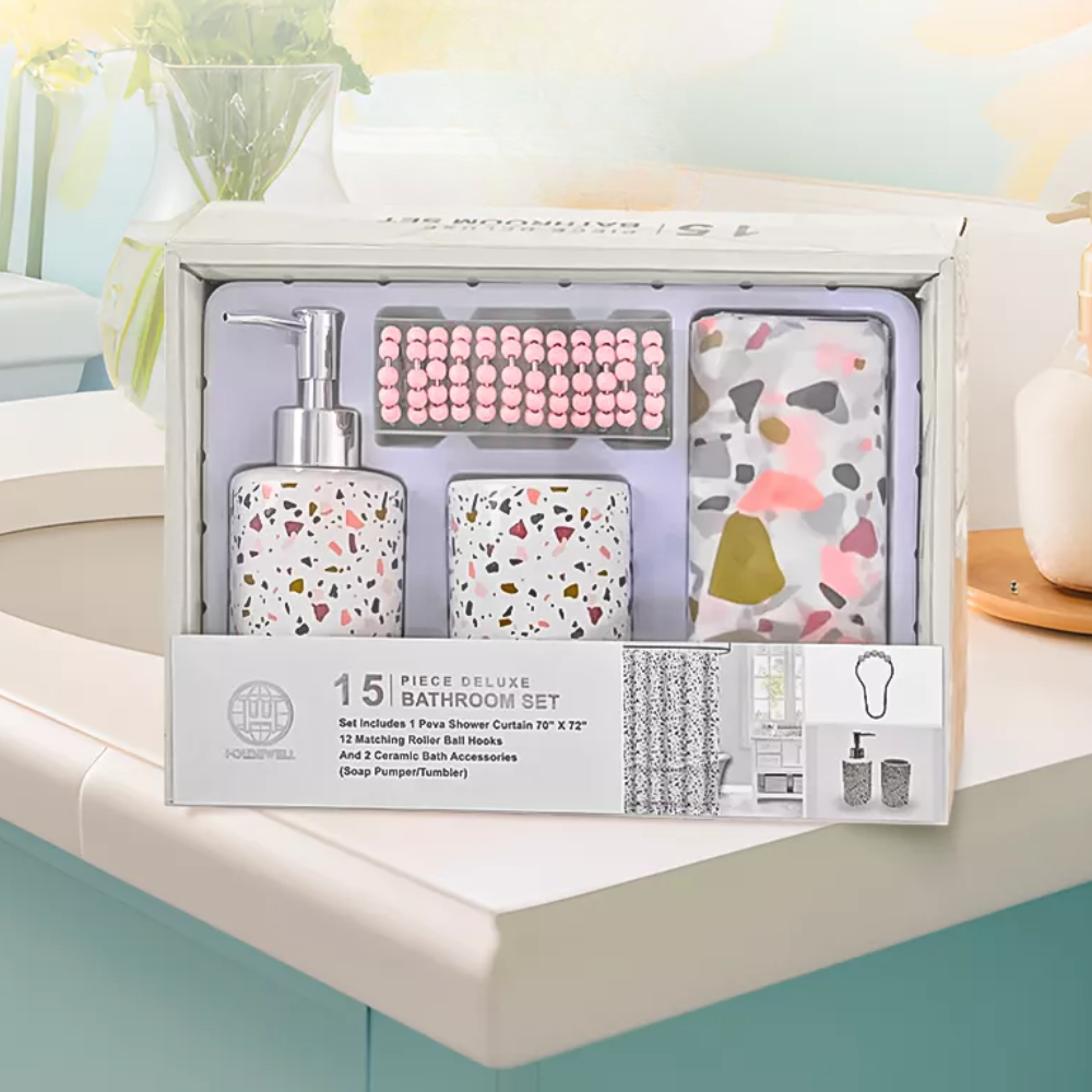 Набір аксесуарів для ванної кімнати та душу і комплект у ванну: шторка, стакан для щіток, дозатор для мила