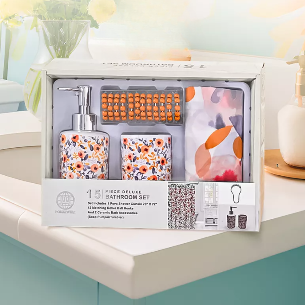 Набір аксесуарів для ванної кімнати та душу і комплект у ванну: шторка, стакан для щіток, дозатор для мила