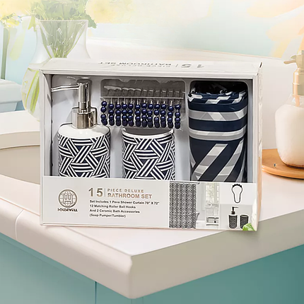 Набір аксесуарів для ванни та душу, комплект приладдя: штора, дозатор для мила, стакан для щіток, фото 1