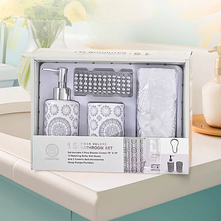 Набір аксесуарів для ванни і душу, комплект приладдя: штора, дозатор для мила, стакан для щіток, фото 1