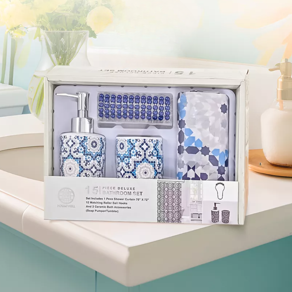 Набір аксесуарів для ванни і душу, комплект приладдя: штора, дозатор для мила, стакан для щіток