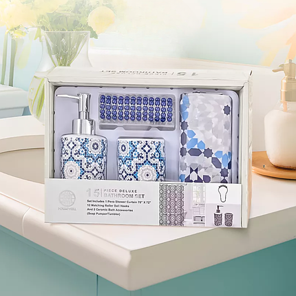 Набір аксесуарів для ванни і душу, комплект приладдя: штора, дозатор для мила, стакан для щіток, фото 1