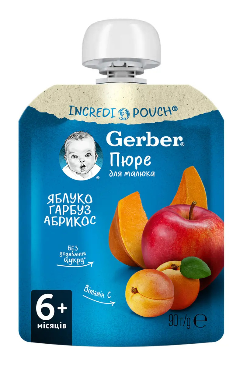 Пюре фруктово-овочеве Gerber Яблуко-гарбуз-абрикос з 6 місяців,пауч 90г. (Гербер)