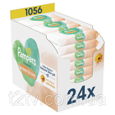 Дитячі вологі серветки Pampers Harmonie Protect&Care з календулою 24 пачки х 44 шт (8700216250603), фото 1