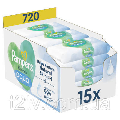 Дитячі вологі серветки Pampers Harmonie Aqua 15 пачок x 48 шт (8006540510247), фото 1