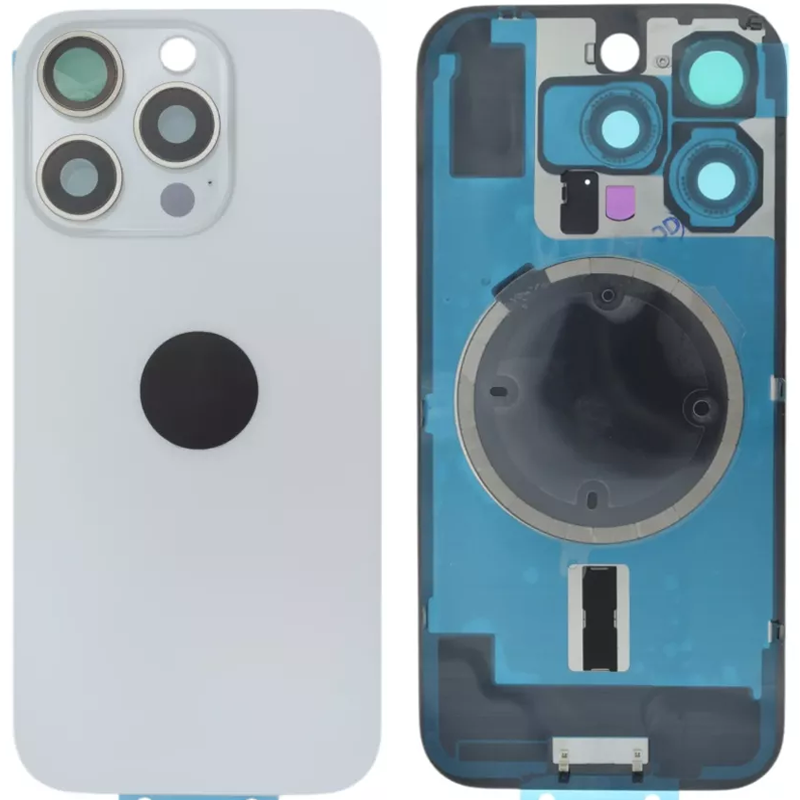 Задня кришка (скло) iPhone 16 Pro white titanium (оригінал завод) у зборі на рамці