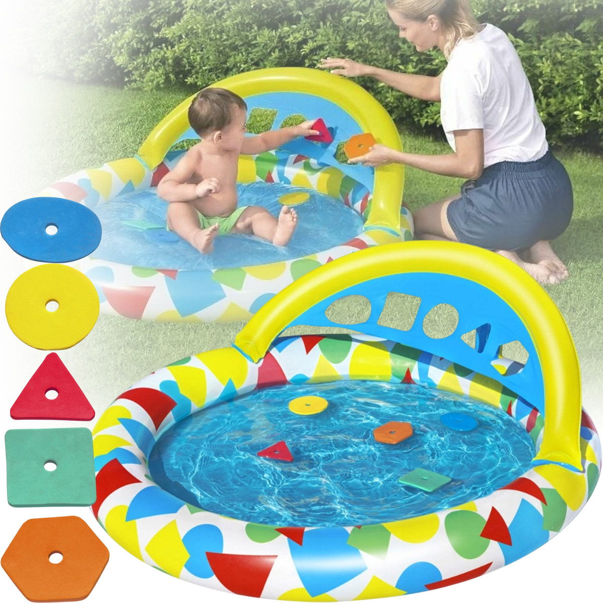 Дитячий круглий надувний басейн Плюскайся та навчайся Bestway 52378 120x117 см Басейн з навісом на 45 літрів, фото 1