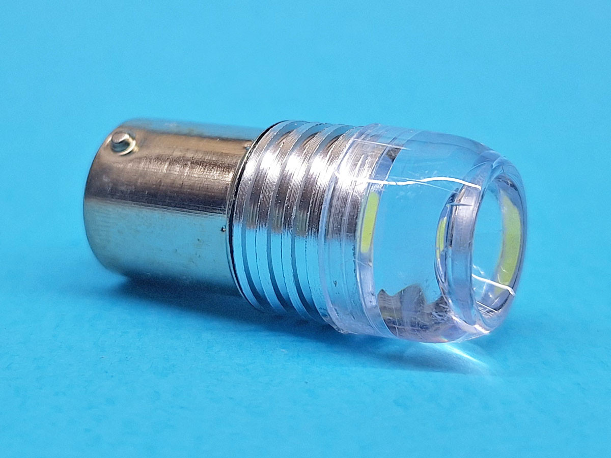 Світлодіодна лампа P21W BA15S 12V 2LED HP WHITE з лінзою, радіатор 15мм, 1 контакт