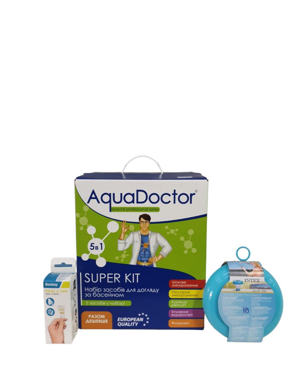 Набір хімії для басейну AquaDoctor Super Kit 5в1 PLUS — із дозатором та тестами, до 30 м³, фото 1