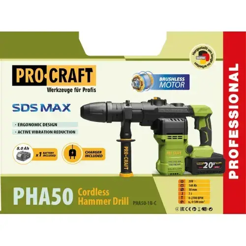Акумуляторний перфоратор Procraft PHA50 Кейс (з 1 акб 20/8 та ЗП), фото 3