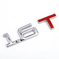 Емблема напис 1.6T 90×25мм ХРОМ з червоною літерою "T" метал (на скотчі)