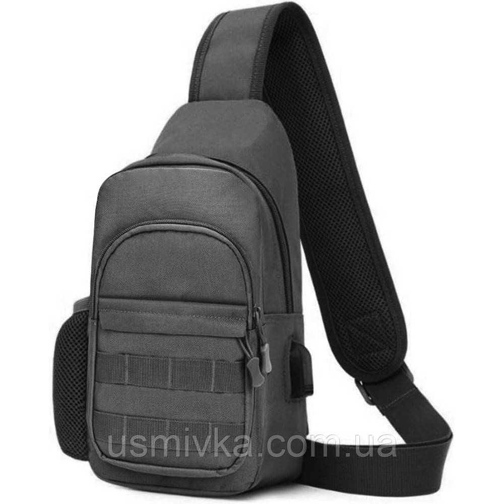 Тактична сумка нагрудна чорна з USB-вихід Dolcey-474 рюкзак сумка через плече, тактичні сумки чорні