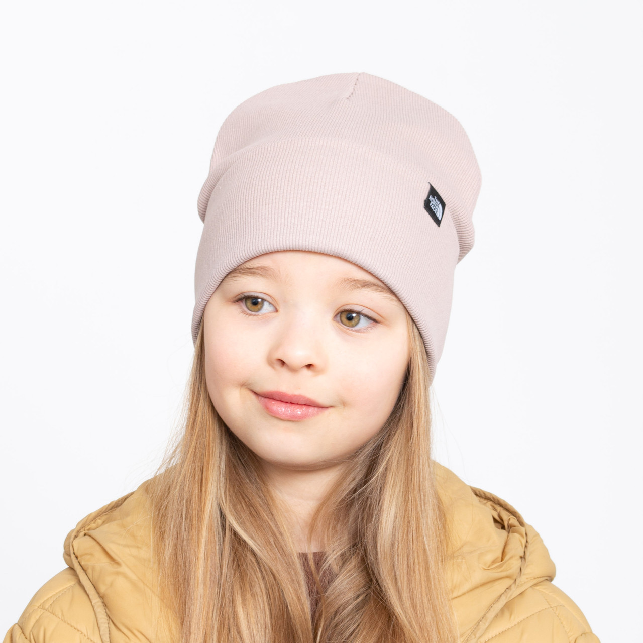 Шапка бавовняна Рубчик The North Face (відворот) пудра