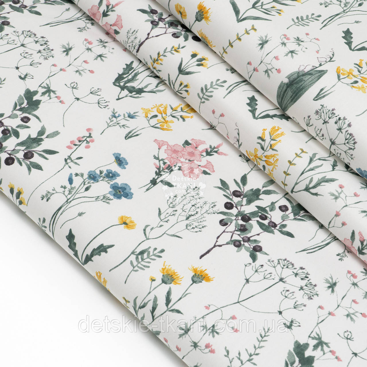 Сатин "Жовті кульбаби, рожевий гібіскус, чорні ягоди і конвалії", №5502с, фото 1