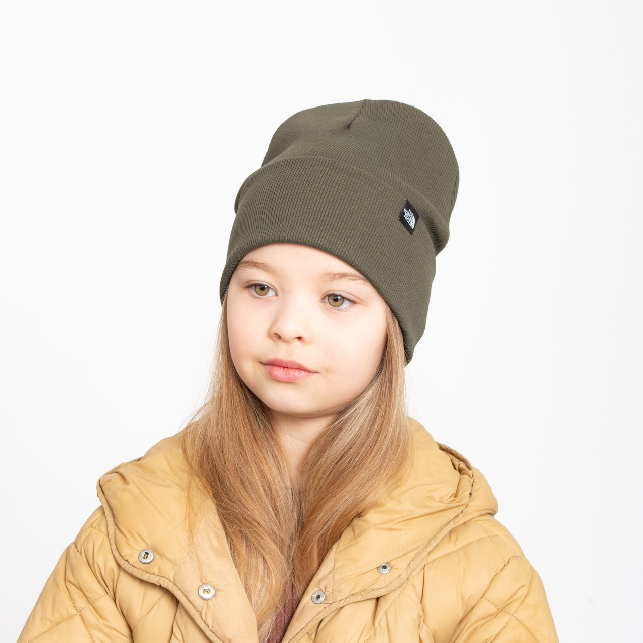 Шапка бавовняна Рубчик The North Face (відворот) хакі