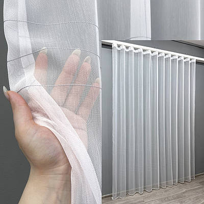 Готова тюль (4х2,7м.) з тканини бамбук в клітинку. Колір білий з сірим. Код 1615т 40-639