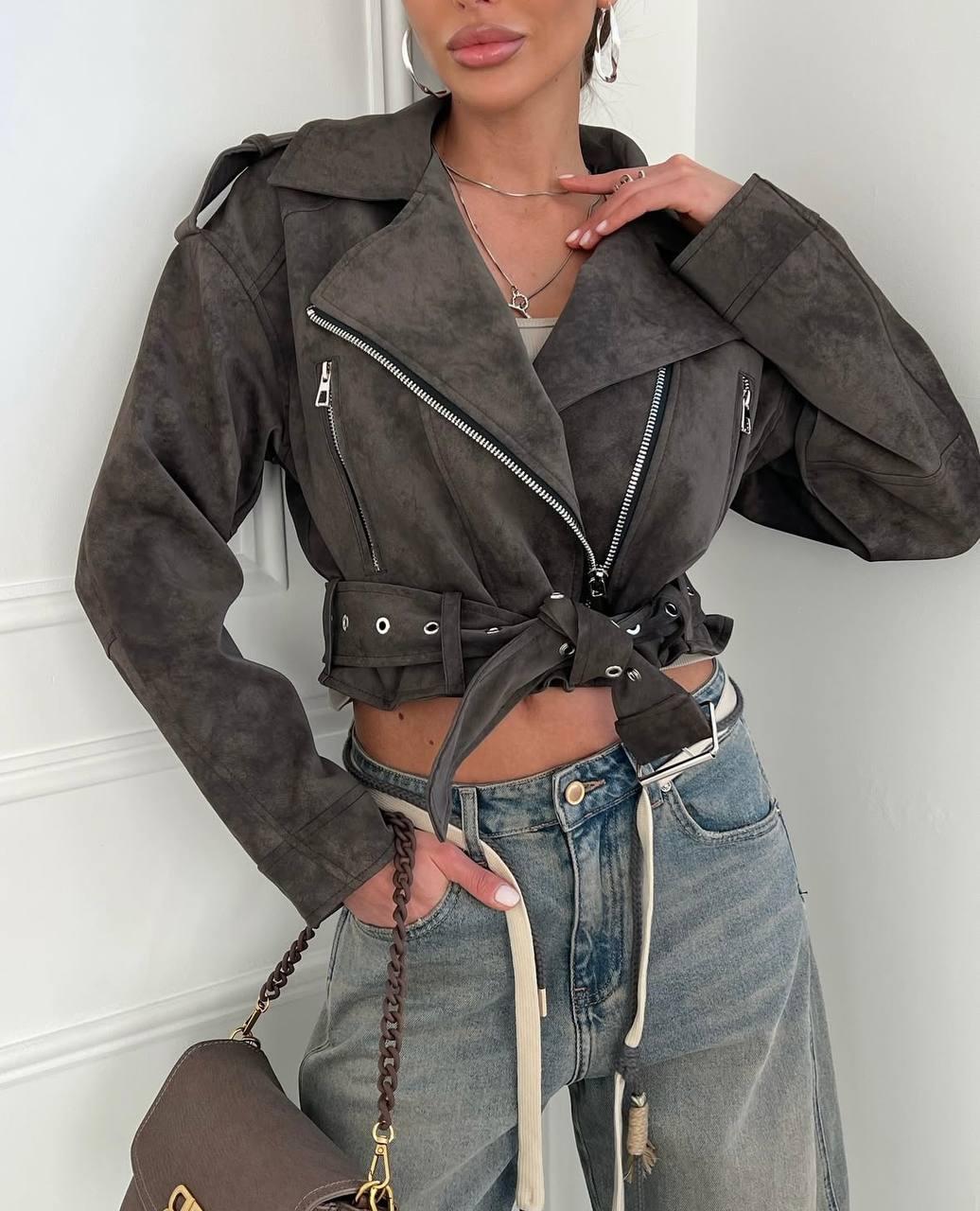 Жіноча базова весняна вкорочена косуха в стилі Zara з поясом замшева куртка еко демісезонна шкіра VS