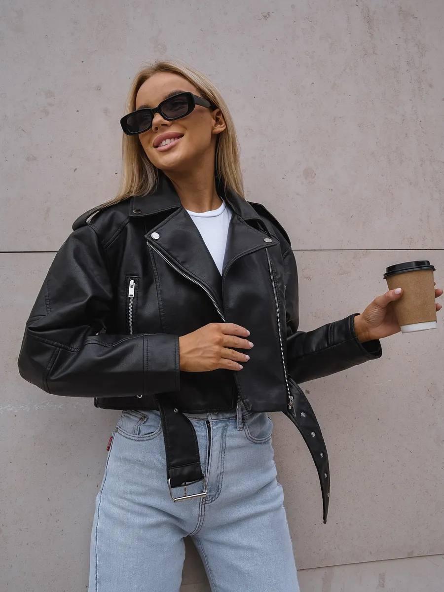 Жіноча базова весняна укорочена косуха в стилі Zara з поясом AFTF BASIC куртка еко демісезонна шкіра VS