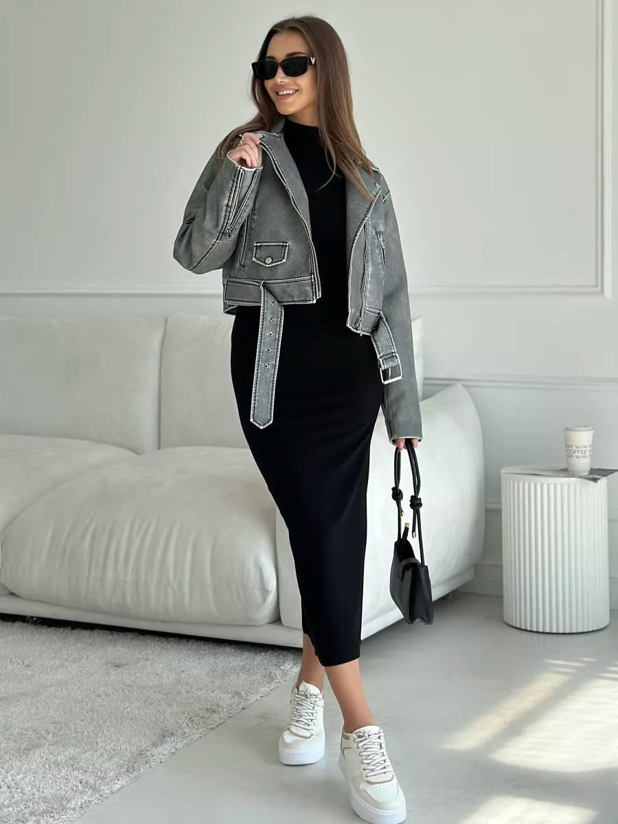 Жіноча базова весняна укорочена косуха в стилі Zara з поясом Hestovrviio куртка еко демісезонна шкіра VS